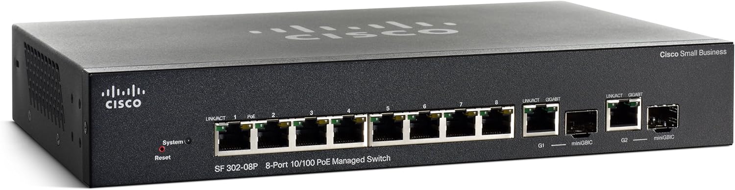 Cisco SF302-08P 8-Port Managed POE Switch with Gigabit Uplinks (SRW208P-K9-NA) Refurbished